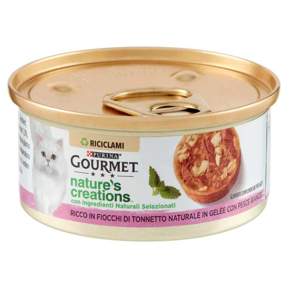 PURINA GOURMET Nature's Creations Ricco in Fiocchi di Tonnetto Naturale in Gelée e Pesce Bianco  70g