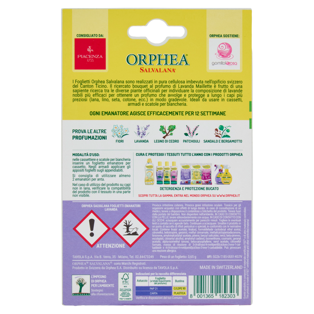 Orphea Salvalana Foglietti per Cassetti e Armadi al Profumo Naturale di Lavanda Maillette 12 x 0,65g