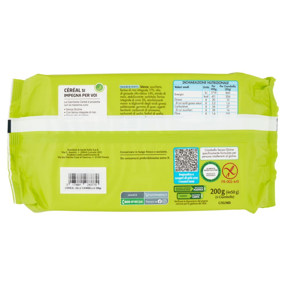 Céréal Senza Glutine Ciambella con Farina di Riso integrale, Merendine senza lattosio, 4 per 50g